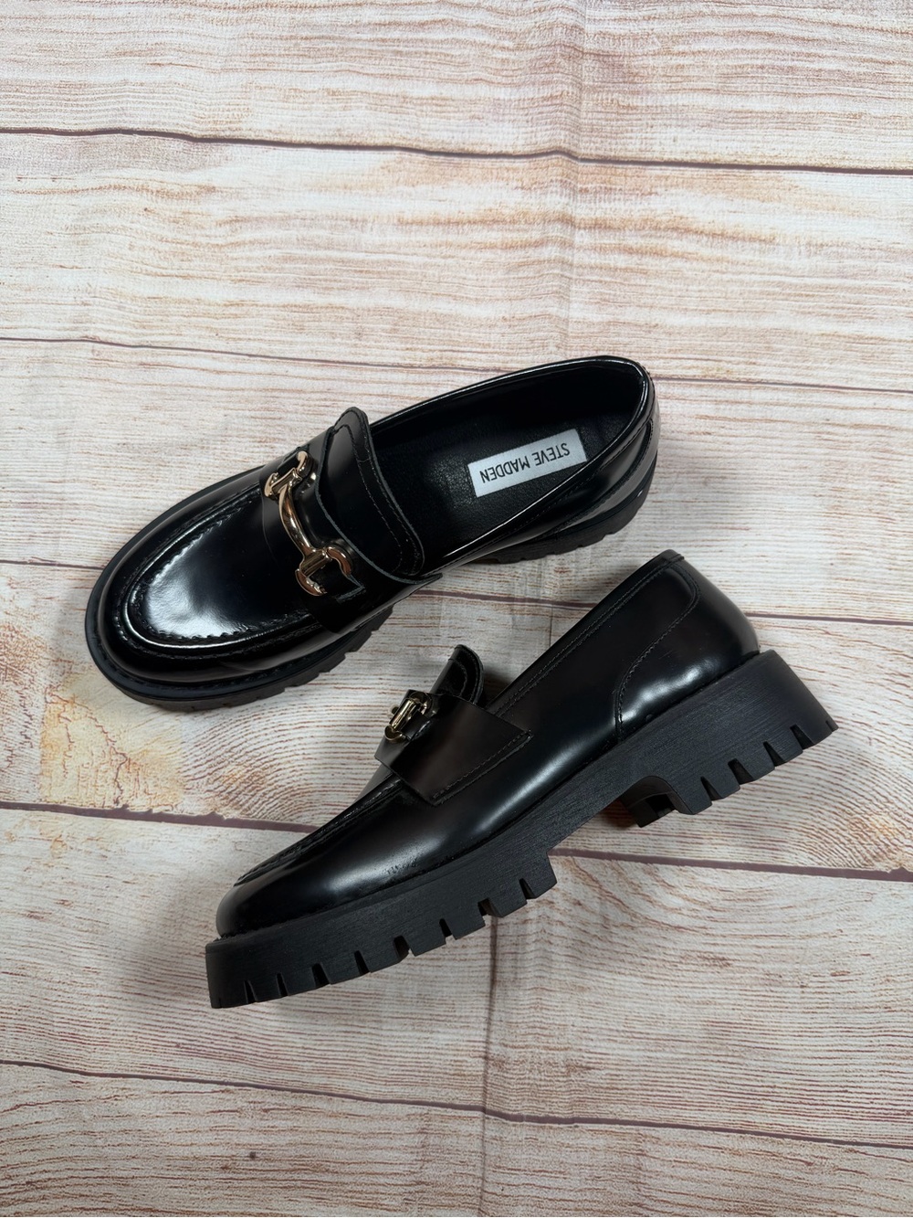 Steve Madden Black Patent Leather Lug Sole Loafers with Gold Bit